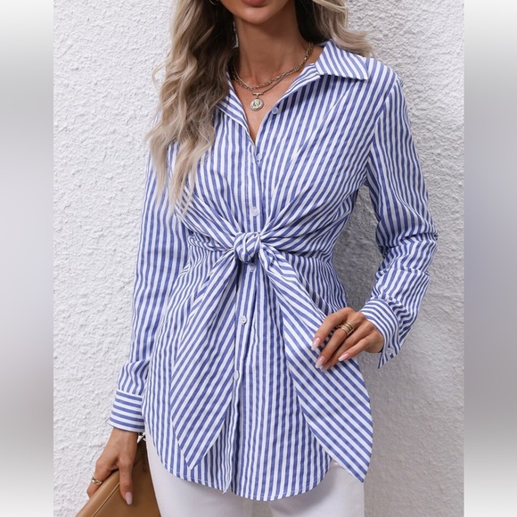Classic Striped Knot Front Curved Hem Button Down Shirt Top Blouse - Picture 6 of 8